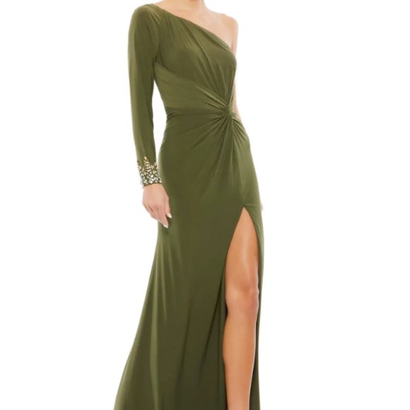 MAC DUGGAL55696 ONE SLEEVE BEADED CUFF SIDE TWIST OLIVE GOWN sz 12